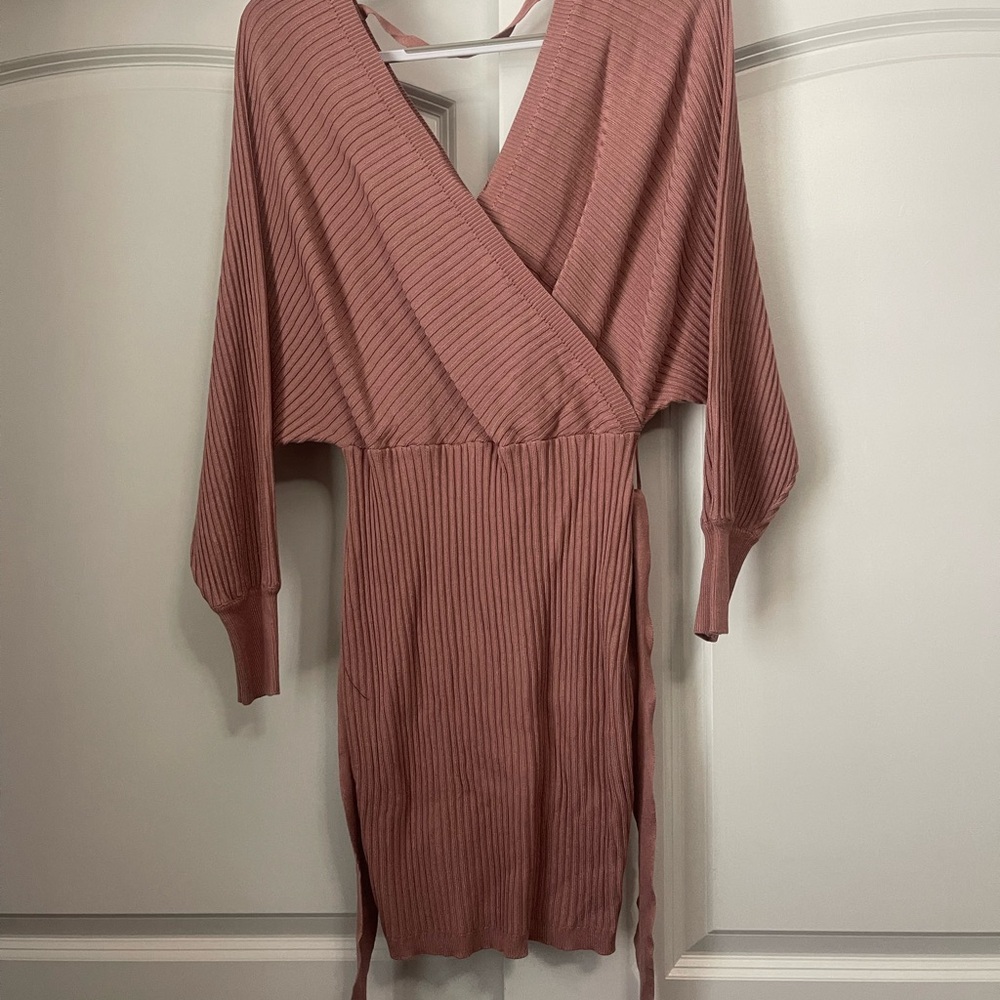 Fashion Nova Dusty Rose Ribbed Wrap Knit Dress